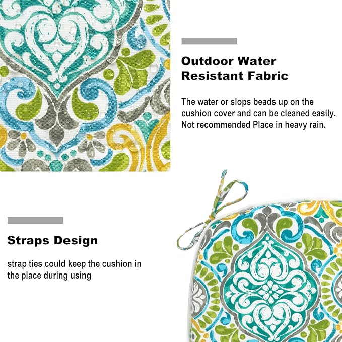 DYTXIII Set of 4 Outdoor Chair Cushions with Ties,Water Repellent Patio Chair Pads 17"x 16" for Outdoor Furniture,Round Corner Seat Cushions for Garden Yard Kitchen Damask Green