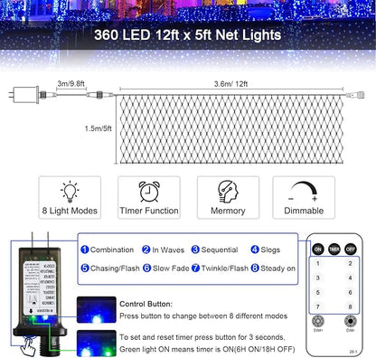 JMEXSUSS 360 LED Christmas Net Lights, Blue, 12ft x 5ft | Outdoor Waterproof, Connectable, Plug in, Mesh Lights with Remote for Bushes Shrubs Christmas Decorations