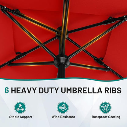 AreShark 6.5'x10' 2 Tiers Rectangular Patio Umbrella - Outdoor Umbrella Waterproof UV Protection, Market Table Umbrella w/Push Button Tilt for Pool, Lawn, Balcony(Red)