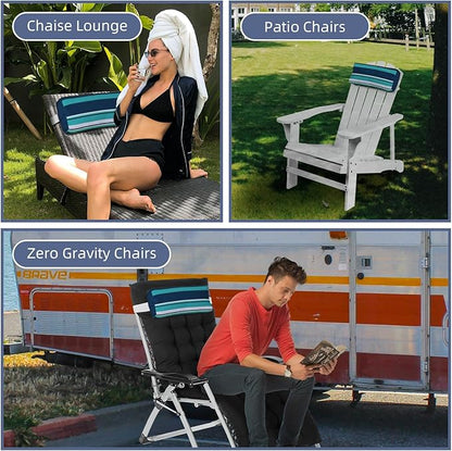 Chaise Lounge Head Pillow, 2 Pack Outdoor Lounge Chair Pillows with Elastic Strap Water Resistant Lounge Head Resting Pillows for Recliner Patio Beach Pool Office Chair(Blue Stripes)