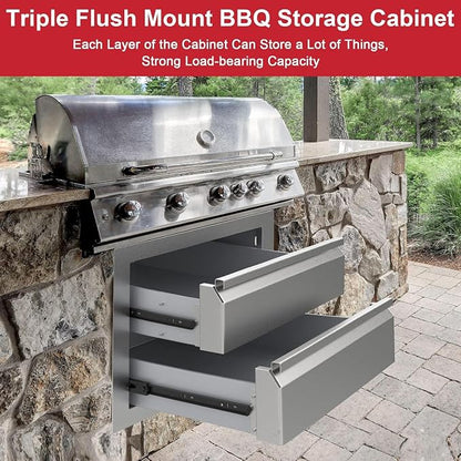 18" W x 23" D x 15" H Outdoor Double Kitchen Drawers, Stainless Steel Kitchen Grill Cabinet Combo Flush for BBQ Island Patio and Grill Station