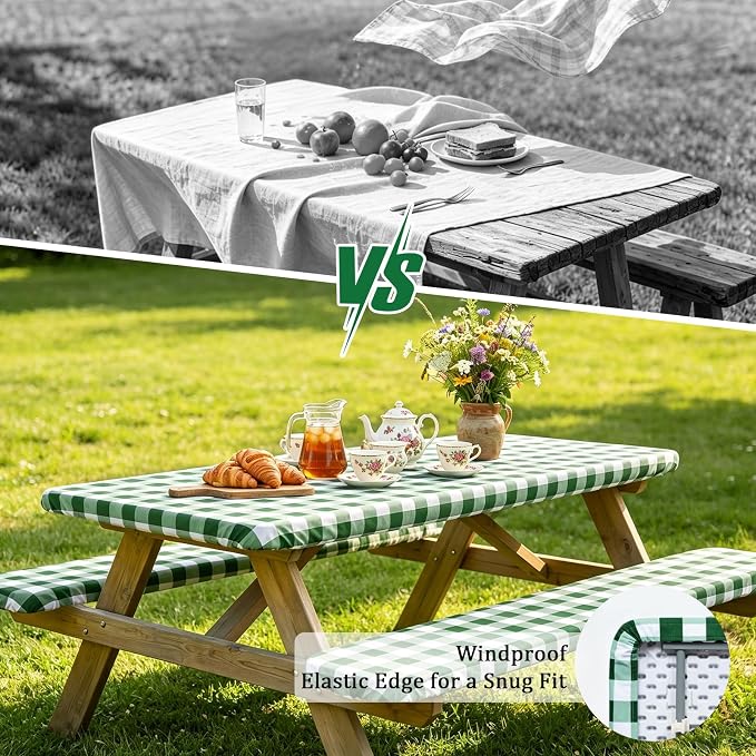 Poise3EHome Picnic Table Cover with Bench Covers, 6 Foot Fitted Elastic Tablecloth Set, Heavy Duty Polyester with TPU Waterproof Backing, Washable Outdoor Picnic Set for Camping,RV & Park(Green&White)