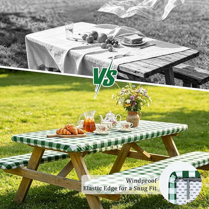 Poise3EHome Picnic Table Cover with Bench Covers, 6 Foot Fitted Elastic Tablecloth Set, Heavy Duty Polyester with TPU Waterproof Backing, Washable Outdoor Picnic Set for Camping,RV & Park(Green&White)