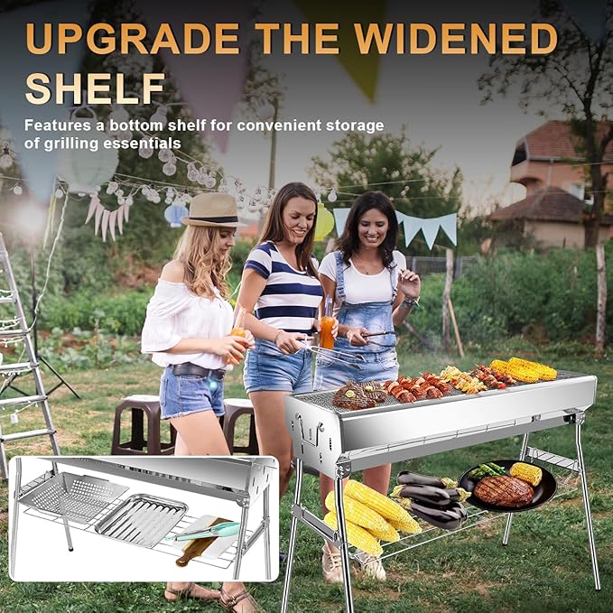 paxlwaaoon Charcoal Grill with Storage Rack Foldable, Large Stainless Steel kabob Grill for Outdoor Cooking Picnic Camping Commercial Use, 27.55" x 28.34" x 12.5"