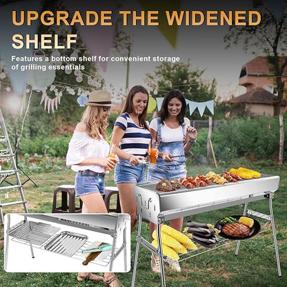 paxlwaaoon Charcoal Grill with Storage Rack Foldable, Large Stainless Steel kabob Grill for Outdoor Cooking Picnic Camping Commercial Use, 27.55" x 28.34" x 12.5"