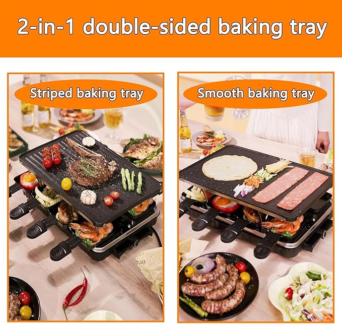 Raclette Grill for 8 — 1300W Tabletop Party Grill with 2-in-1 Reversible Non-Stick Plate | 8 Individual Cheese Pans & Spatulas | Korean BBQ + Cheese Grill | Adjustable Temp, Dishwasher Safe