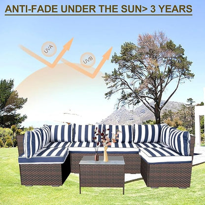 14 Piece Outdoor Patio Cushion Cover Replacement, Waterproof Patio Cushion Covers, Outdoor Furniture Cushion Covers Set for 6 Seat Wicker Rattan Sofa (Blue+White Stripe)