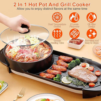 Hot Pot with Grill, 2 in 1 Korean BBQ Grill Shabu Shabu Hot Pot, 2200W Indoor Smokeless Hotpot Pot Combo Electric W/Large Baking Tray, Divider & Separate Dual Temperature Control for 2-12 People, 110V