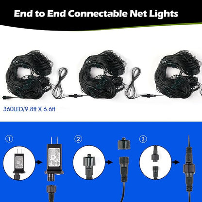 BlcTec Outdoor Christmas Lights 360 LED 9.8ft x 6.6ft Christmas Net Lights with 8 Modes, UL Certified, Timer, Connectable, Waterproof for Trees, Bushes, Shrubs, Yard Outdoor Xmas Decorations, Blue