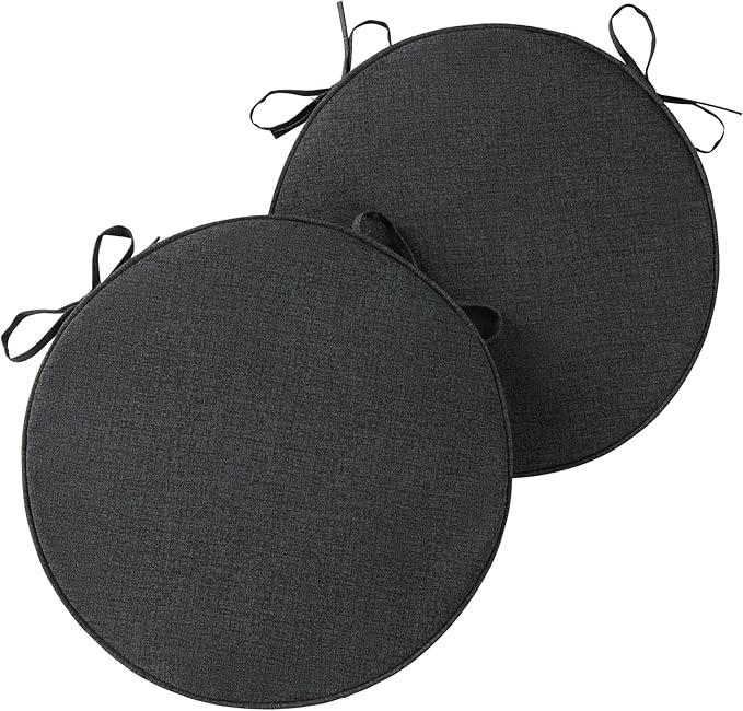 Set of 2 Outdoor 18 inch Round Patio Dining Chair Pads – Comfortable Fiber-Filled Seat Cushions with Ties, Reversible Polyester Fabric - Carbon
