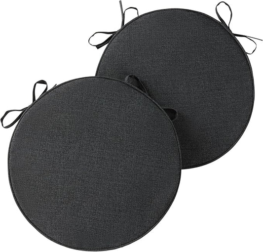Set of 2 Outdoor 18 inch Round Patio Dining Chair Pads – Comfortable Fiber-Filled Seat Cushions with Ties, Reversible Polyester Fabric - Carbon