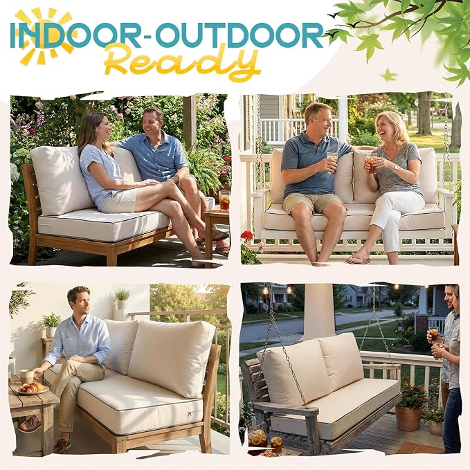 Outdoor Sofa Cushion Set - Plush Patio Seat and Back Pillows, Thick Comfort Foam for Porch, Deck, Garden Furniture Cushion Replacement (Cream)
