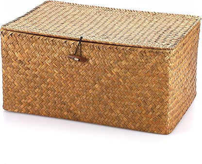 Hipiwe Wicker Shelf Baskets Bin with Lid, Handwoven Seagrass Basket Storage Bins Rectangular Household Basket Boxes for Shelf Wardrobe Home Organizer, Caramel X-Large