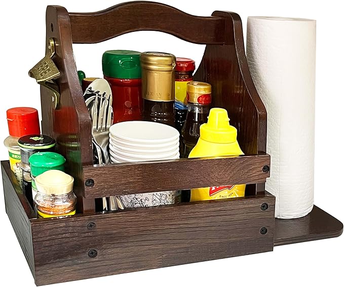 Grill Caddy for Outdoor Grill, BBQ Caddy with Paper Towel Holder and Beer Bottle Opener, Essential for Camping, Picnic Condiment and Kitchen Organizer, Gifts for Men and Women, Grilling Lovers