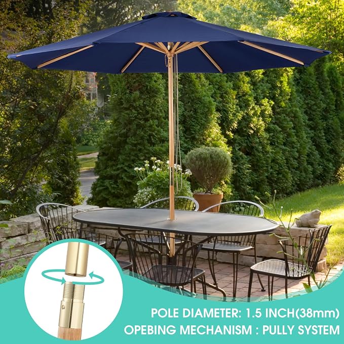 9ft Wooden Umbrella, Outdoor Patio Umbrella, Wood Market Umbrella, Patio Umbrella Wood Pole with Pulley Lift for Garden, Yard, Deck, Pool, Market