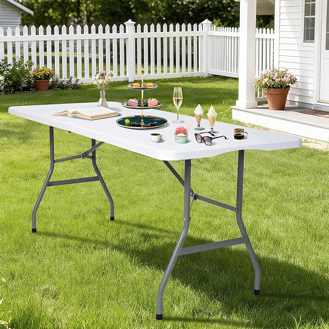 Folding Table 6ft Foldable Table with Built in Handle & Steel Legs / 6FT Heavy Duty Folding Portable,Perfect for Party, Dining Indoor/Outdoor Events, Tailgating & Backyard BBQ, White
