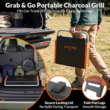 Portable Charcoal Grill, Foldable Tabletop BBQ Grill for 2-4 People | Fold-Flat Camping Grill, Removable Ash Pan, Side Shelves, Locking Lid for Backyard, Patio, Tailgating & Outdoor Cooking