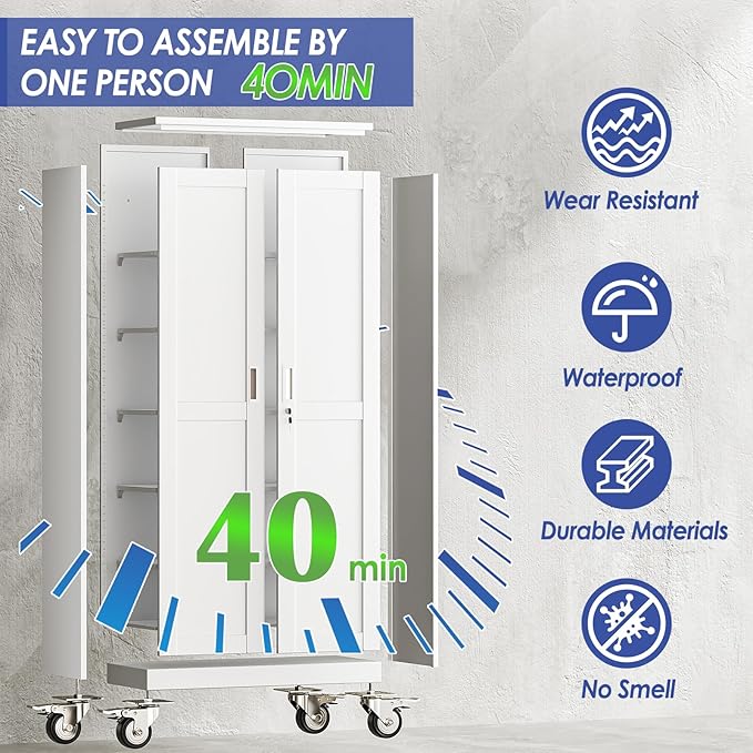 61" Metal Garage Storage Cabinet with Wheels and Locking Doors and Tall Rolling Steel Tool Cabinet with 3 Adjustable Shelves for Garage,Home,Office,Shop (White, 61''H x 28''W x14''D)