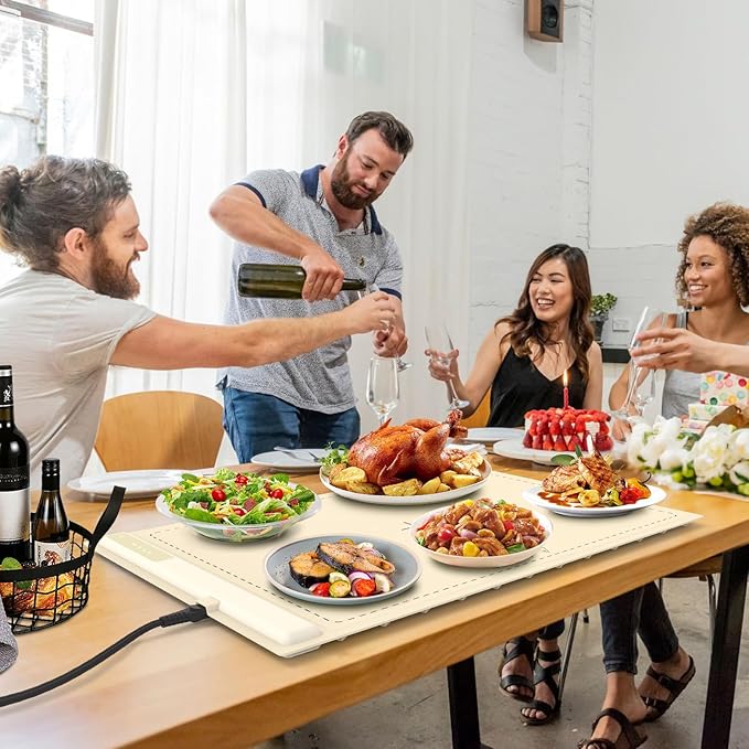 Electric Warming Tray - 3 Modes &Full Surface Heating,Rollable & Portable,Premium Silicone Nano-Material,3 Temperature Settings,Auto Shut-Off -Versatile Food Warmer for Gatherings,Parties (Cream)