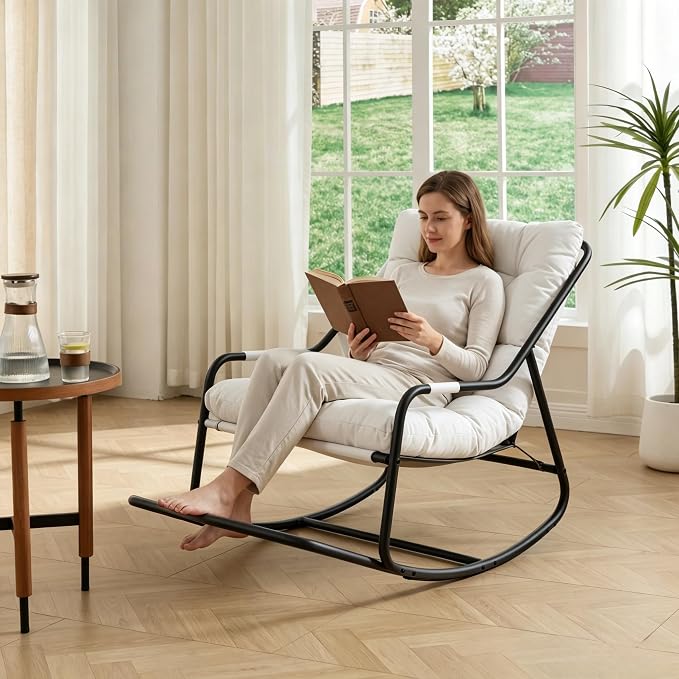 Outdoor Rocking Chairs, Metal Frame Outdoor Rocker with Footrest, Comfy Oversized Patio Chair with Thick Cushion, Reading Glider Lounge Chair for Living Room, Bedroom, Garden, Relax, White