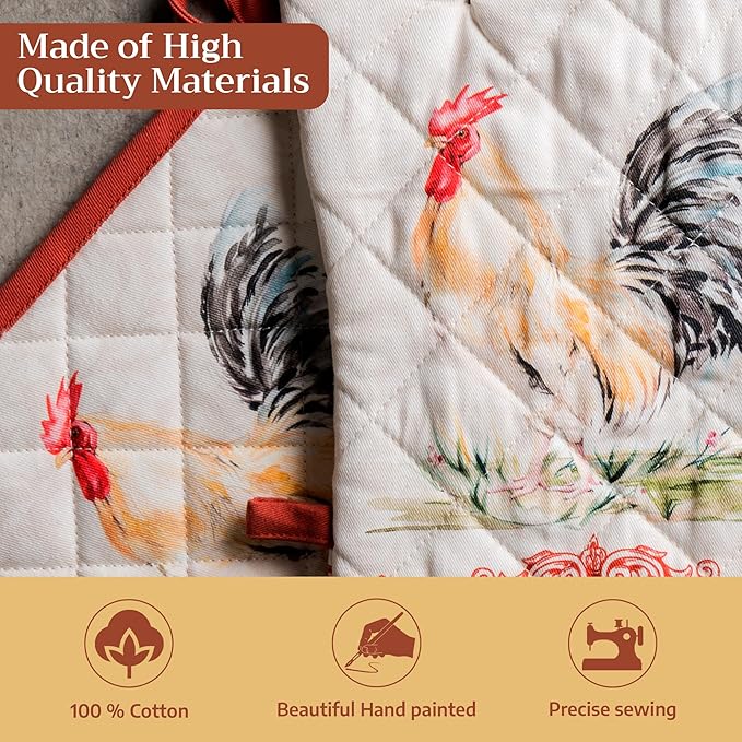 Maison d' Hermine 100% Cotton Oven Mitt & Pot Holder Set (7.5"x13" & 8"x8") Heat Resistant BBQ Cooking Gloves with Loop Baking Grilling Kitchen Hotel Home Farmhouse Spring Summer (Campagne)