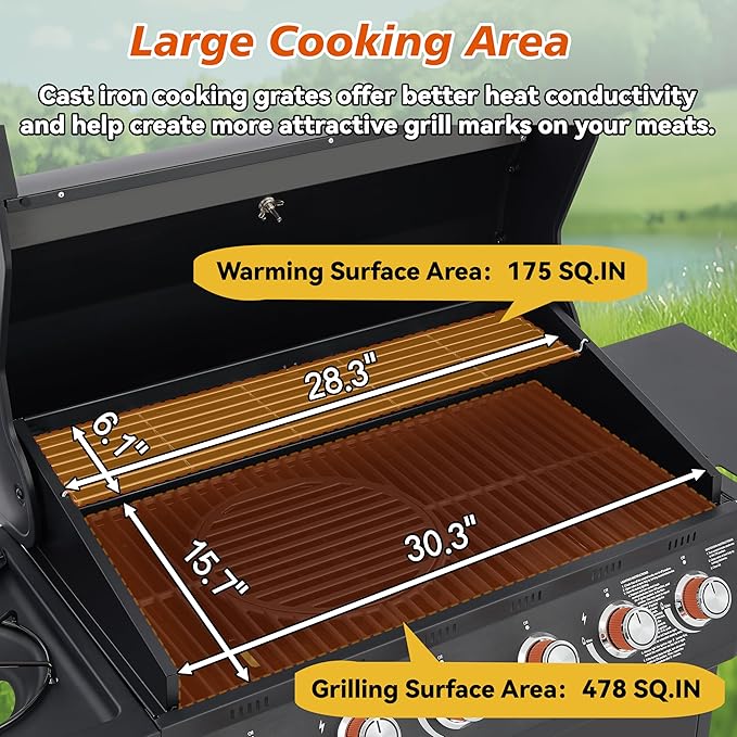 Outdoor Gas Grill with 6 Burners & Side Burner 59000 BTU Stainless Steel BBQ Grill Enamel-Coated Grates Side Tables for Backyard Patio Cooking Charcoal Grills & Smokers,A2
