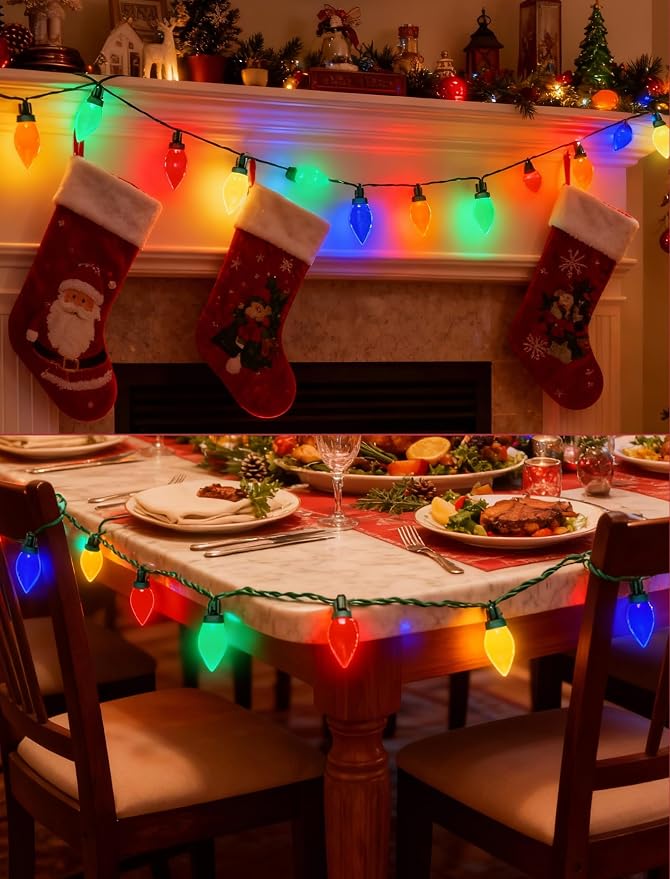 C9 Christmas String Lights Outdoor, 26FT 50 LED Vintage Multicolor Fairy Lights, Plug in UL Listed Waterproof Connectable Christmas Tree Lights for Home, Roofline, Garden, Patio Decor, Green Wire