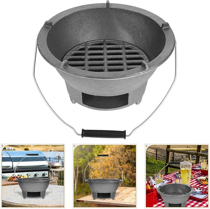 VILLCASE Cast Iron Charcoal Stove Grill Indoor Outdoor Barbecue Stove with Handle and Inner Grill Grid, Large Portable Fire Pit for Camping and Backyard Cooking