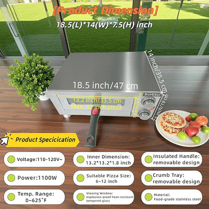 Electric Pizza Oven Indoor,12 inch Countertop Pizza Maker with Viewing Window,Stainless Steel Commercial Pizza Oven, Removable Handle,Dual Baking Trays and Oven Mitts