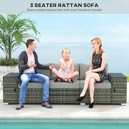 Outsunny 3 Seater Wicker Sofa with 2 Storage Side Tables and Thickened Cushions, Rattan Outdoor Patio Sofa with Wide Armrests, Wicker Outdoor Couch for Porch, Garden, Backyard, Gray