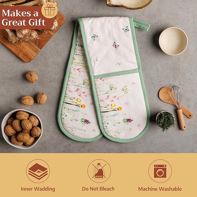 Maison d' Hermine Double Oven Mitts 100% Cotton 7"x35" Double Oven Mitt Heat Resistant BBQ Cooking Gloves with Loop Baking Grilling Kitchen Hotel Home Farmhouse Spring Summer (Botanical Fresh)