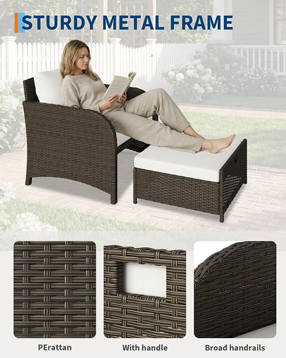 Garvee 5-Piece Outdoor Patio Conversation Set with Hidden Ottomans | PE Rattan Wicker Patio Furniture with Soft Cushions & Glass Coffee Table, Outdoor Lounge Chairs for Porch, Backyard (Beige)