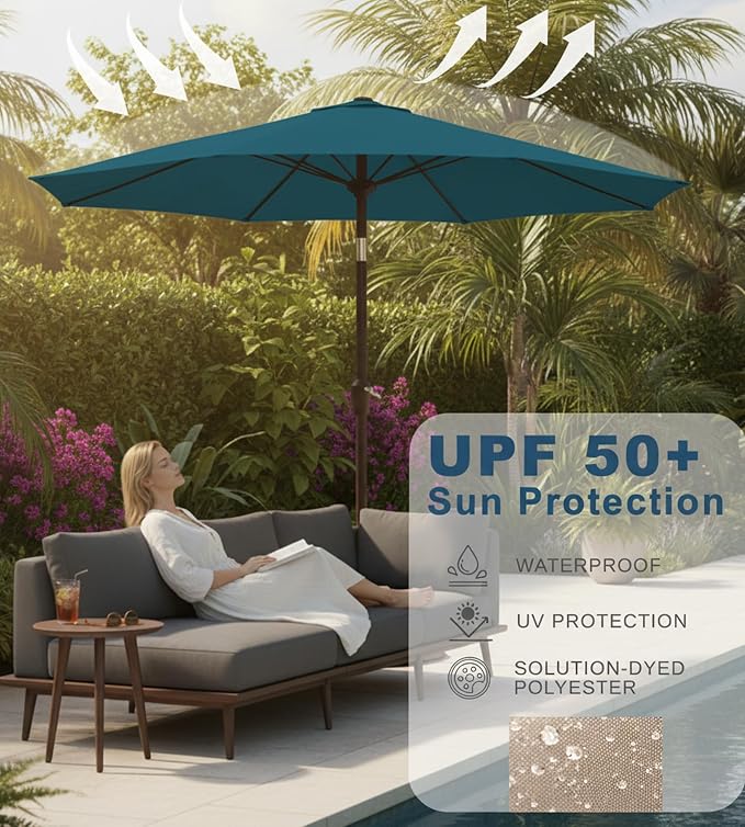 9FT Auto-Tilt Patio Umbrella|Outdoor Market Table Umbrella with 8 Fiberglass Ribs for Pool,Deck&Backyard