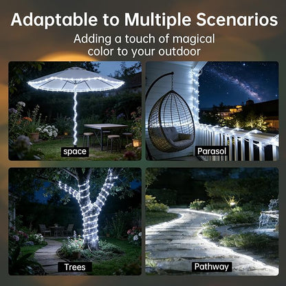Solar Rope Lights for outside, 66ft 200 LED Solar string Lights with 8 Modes, Waterproof Solar Outdoor Light for Patio Garden Party Tree Porch Pool Fence Outdoor Holiday Xmas Decoration-White