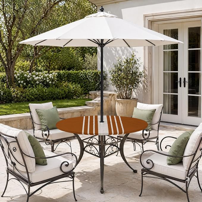 Outdoor Fitted Tablecloth with Umbrella Hole and Zipper, Burnt Orange Beige Striped Elastic Round Patio Table Cover, Farmhouse Retro Lines Modern Table Protector for Backyard BBQ Party 31''-35''