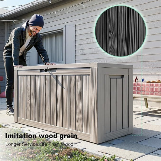 Waterproof Outdoor Storage Box, 86 Gallon Lockable Deck Box, UV-Resistant Outside Storage Bin With Hydraulic Lid For Patio Furniture, Cushion Organizer, Garden Tools, Pool Accessories, Grey