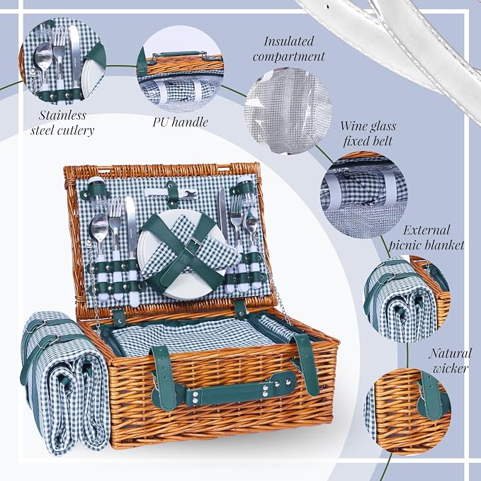 Wicker Picnic Basket Set for 4, Blanket, Cooler Bag, Cottage Plaid | Four-Person Wicker Set Includes Tableware, Insulated Food Storage and Waterproof Blanket for Parks, Camping, Dates and Gifts