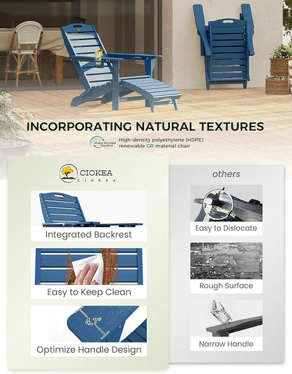 Ciokea Folding Adirondack Chair Set of 4 with Retractable Ottoman Fire Pit Patio Chair with Pull Out Foot Rest Weather Resistant Lawn Outdoor Chair with 2 Cup Holder (Navy Blue)