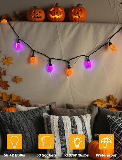 Halloween C9 String Lights Outdoor, 26.4Ft C9 Halloween Decorations Lights with 50 LED Orange and Purple Lights Waterproof, Hanging Plug in Lights String for Outside Holiday Party Patio Yard Decor