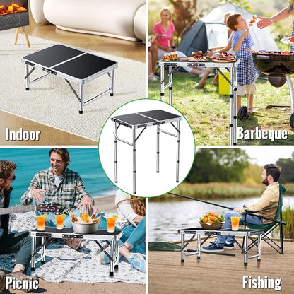 GARLLEN 2ft Folding Camping Table Max Capacity 66lbs, 3-Height Adjustable Picnic Table with MDF Tabletop, Lightweight Aluminum Folding Outdoor Tables for Grill, Travel, Picnic, 22.8" L x 15.7" W