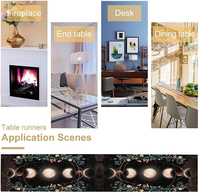 Kitchen Floral Moon Phase Table Runner for Kitchen Dining Thanksgiving Christmas Baby Wedding Party Decoration Table Decor 13x120 Inch
