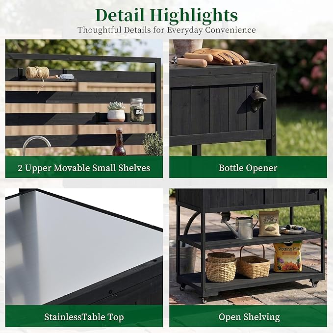 RUNNA 4-Piece Outdoor Rolling Kitchen Island with Sink w/Faucet, Solid Wood Grill Table with Storage Cabinets, Drawers, Stainless Table Top and Movable Shelves for Garden (Black#38)