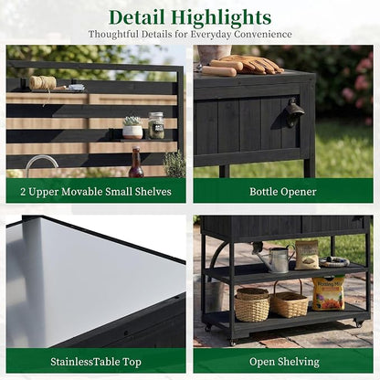 42 Inch Patio Kitchen Island with Sink, Black | Black fir wood, stainless steel top and sink, garden or patio, movable shelves, bottle opener, lockable wheels, 41.7 in L