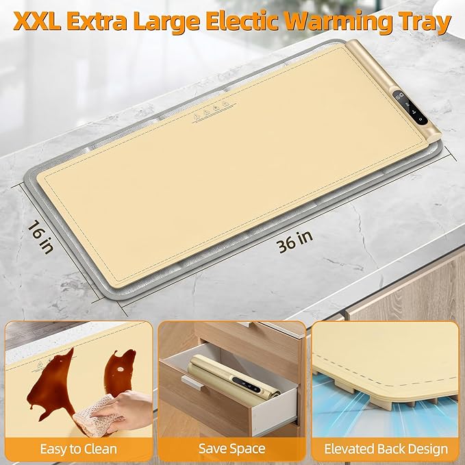 Newise Graphene Food Warming Mat, Extra Large (XXL 36”x 16") Electric Warming Tray with 6 Temp Settings, Portable Food Warmers for Buffets Party Countertop, Practical Gifts for Mom Wife, Beige