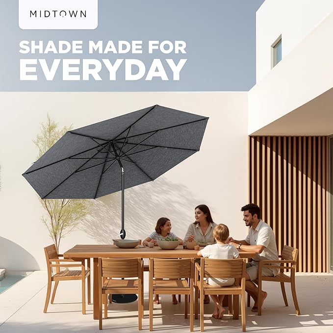 Midtown Umbrellas 10-Year-No-Fade - 8 Ft - UV Proof Heather Grey Polyester Fabric - Umbrella Outdoor Patio, Auto-Tilt Aluminum Frame Patio Umbrella for Garden, Pool & Deck - Black Pole