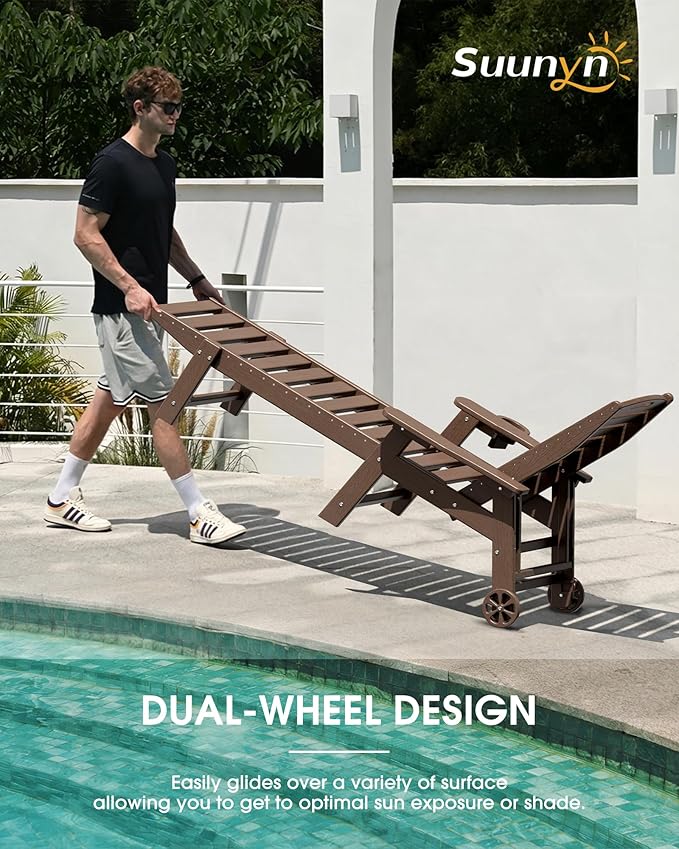 Lounge Chair Outdoor Set of 4 with Wheels, Adjustable 5-Position Chaise Lounge Outdoor, Patio Lounge Chair for Poolside Backyard, Brown