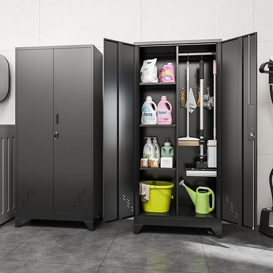 Metal Garage Storage Cabinets with Lock, Cabinet with Pegboard & Hanging Rod, Broom Closet Storage Cabinets, Black Lockable Steel Tool Cabinet for Home,Garage,Utility Room