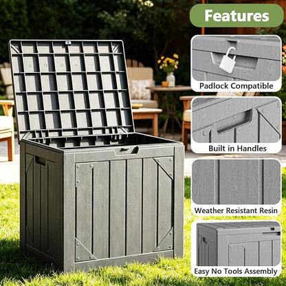 31 Gallon Outdoor Deck Box 4 Pack, Waterproof Resin Patio Storage Boxes with Lockable Lid, Small Outdoor Storage for Cushions, Accessories, Garden Tools, Indoor Outdoor Organizer, Gray