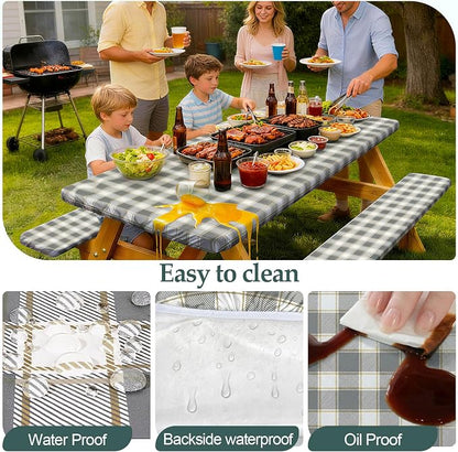 Picnic Table Cover with Bench Covers Camping Essentials Waterproof Windproof Camping Tablecloth with Drawstring Bag, Fitted Rectangle Tables and Seats, 72in, Gray White