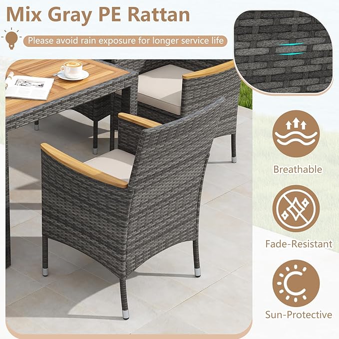 COSTWAY 9-Piece Patio Dining Set for 8, Outdoor Rattan Wicker Table and Chairs Furniture Set with Umbrella Hole, Acacia Wood Tabletop for Backyard, Balcony, Poolside, Grey & White